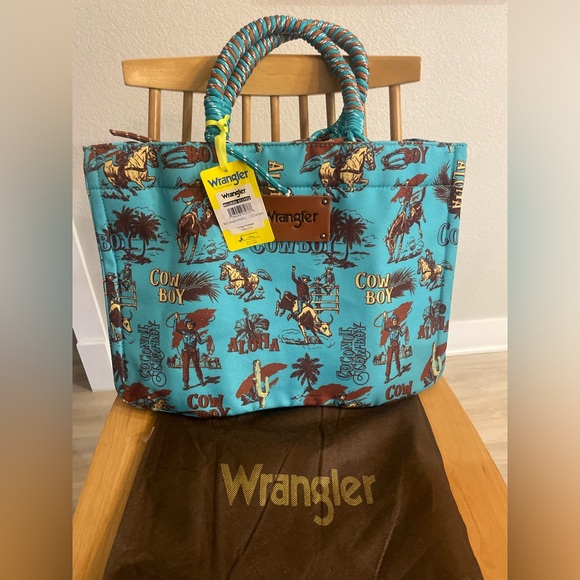 WRANGLER COWBOY PRINT TOTE BAG TURQUOISE aloha cowboy rodeo - Picture 1 of 7